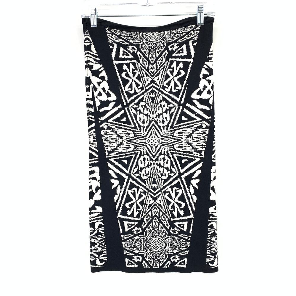 Nicole Miller Artelier Knit Pencil Skirt Womens Sz P XS Black White Geo Print